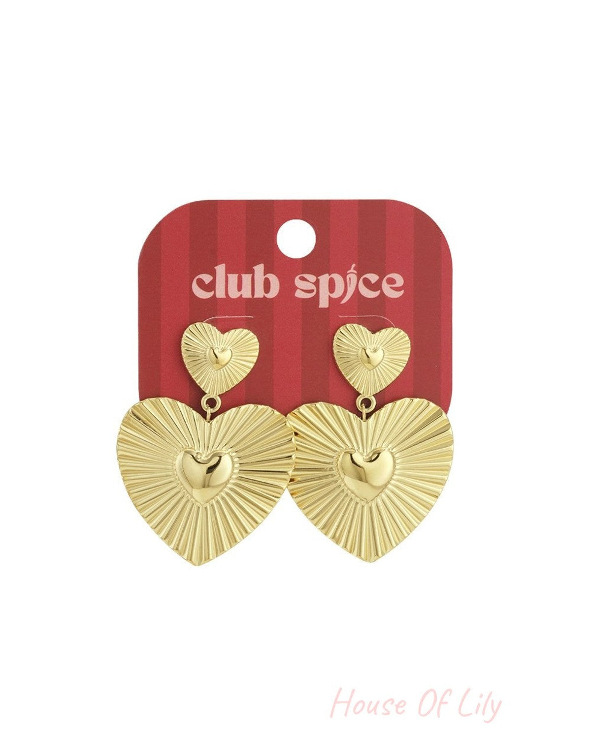 Gold Sculptural Heart Drop earrings with ribbed texture and central smooth heart details on a red striped card.