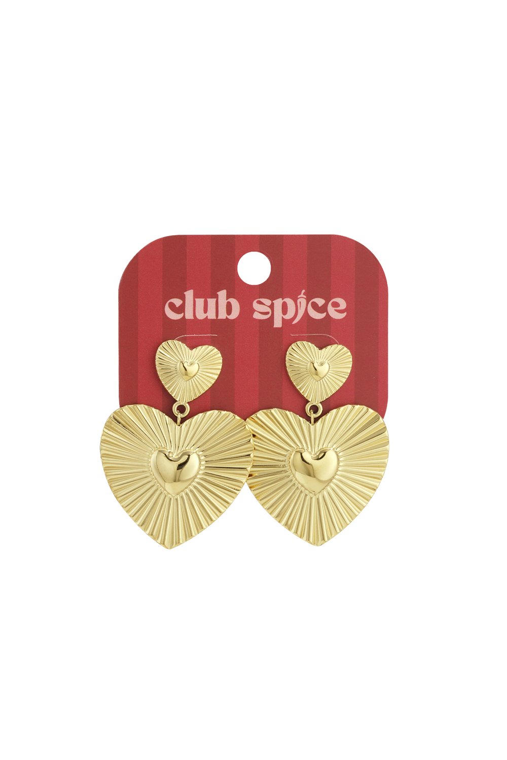 Gold Sculptural Heart Drop earrings with ribbed texture and central smooth heart details on a red striped card.