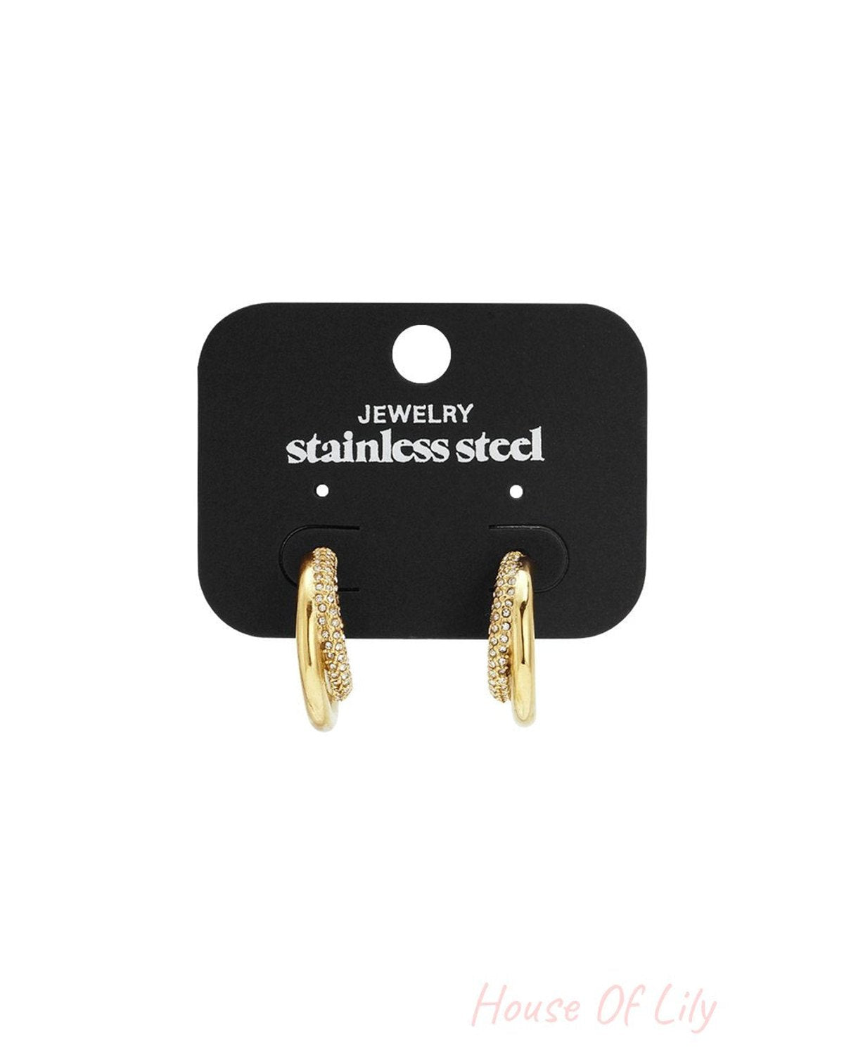 Gold-tone Y2K hoop earrings featuring a smooth metal band layered with a pavΓ©-style crystal band on a display card.