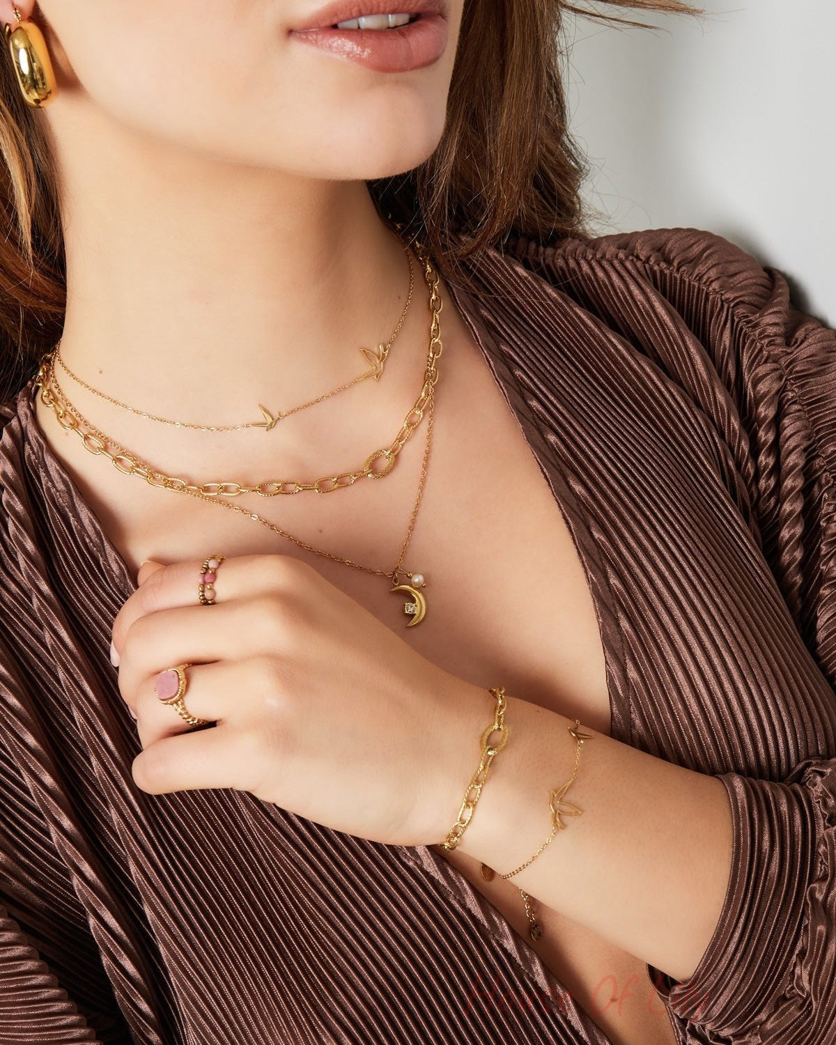 Woman styled in a brown top wearing the gold bird charm necklace along with matching gold chain bracelet and rings