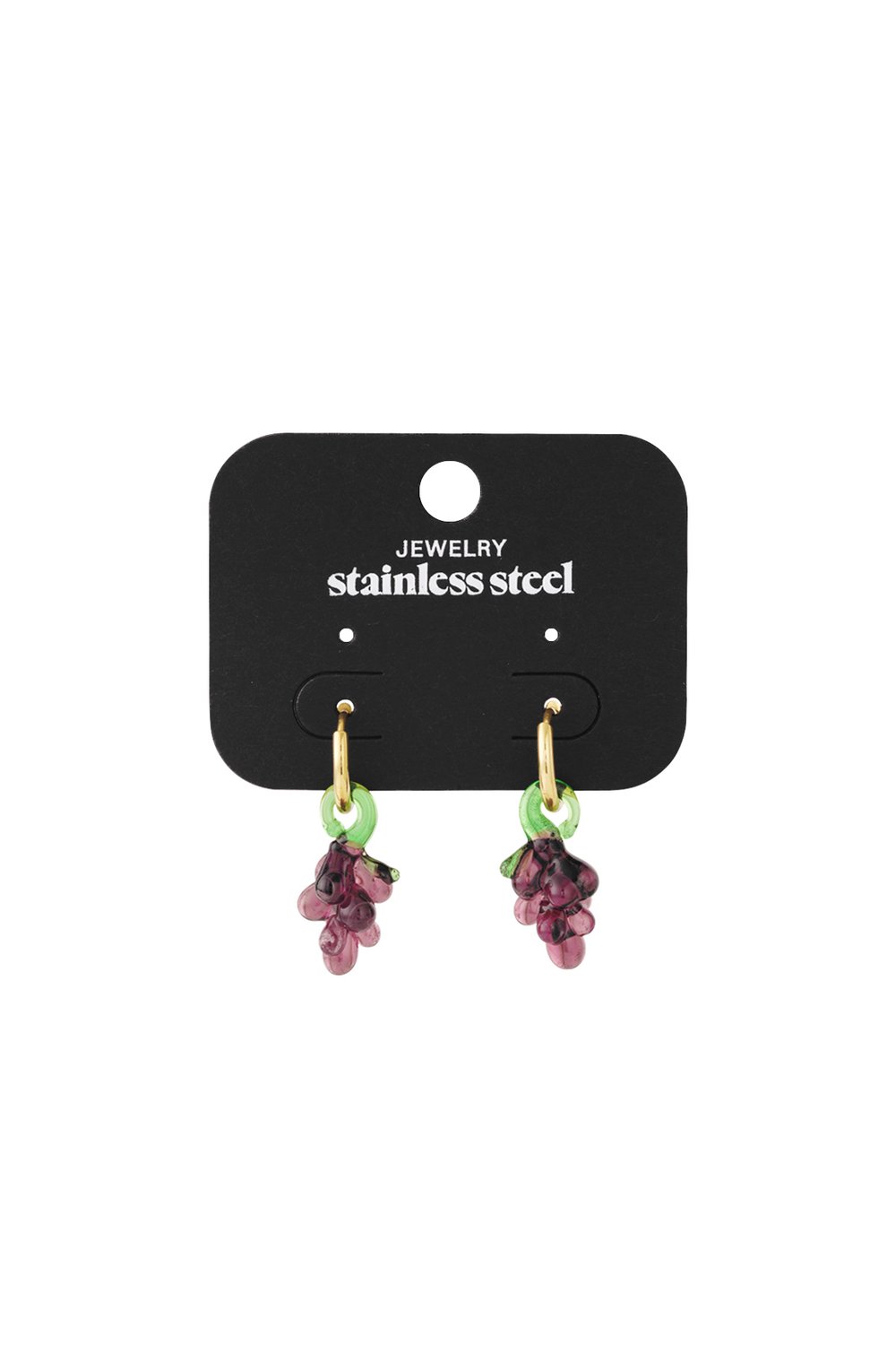 Juicy Grape Glaze hoop earrings featuring purple glass grapes with green stems on gold-toned stainless steel hoops.