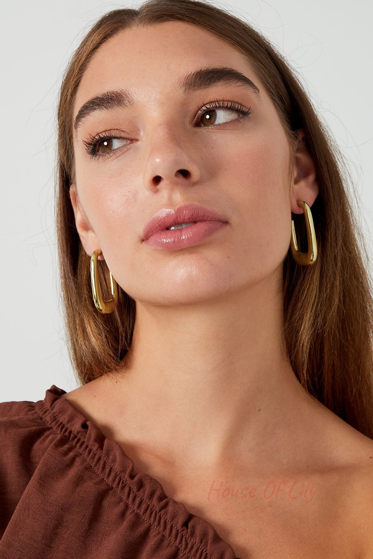 Close headshot of woman wearing polished gold rounded rectangle hoop earrings with subtle smile and natural hair
