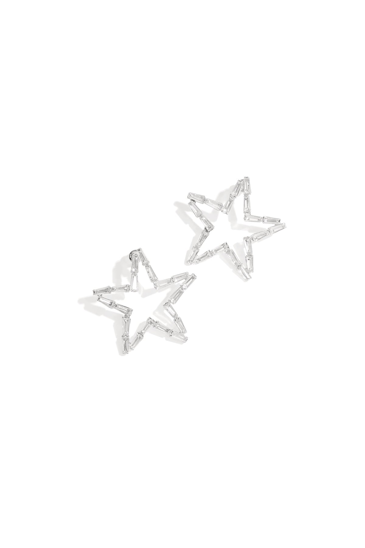 Bright image showing a silver-tone version of star-shaped earrings outlined with clear crystals on a white background