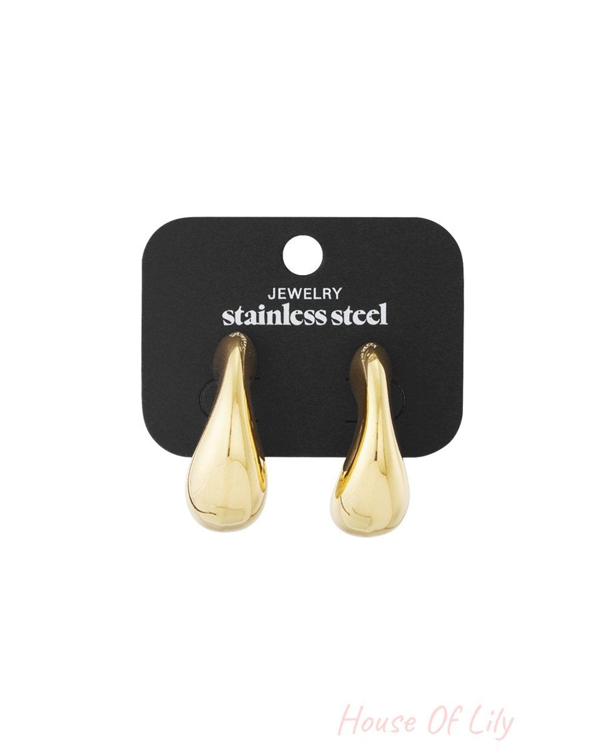 Liquid Gold Puffy Hoops: Minimalist, teardrop-shaped gold stainless steel earrings on a black display card.