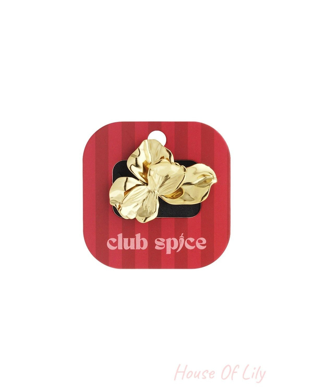 Bloom Power Ring: A shiny gold statement ring shaped like an organic, blooming flower on a red branded display card.