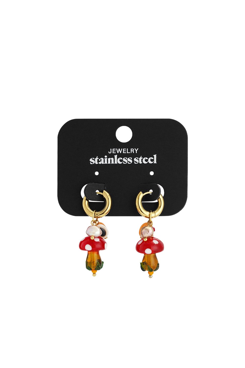 Gold stainless steel hoop earrings featuring dangling red-and-white mushroom charms with beads on a display card.