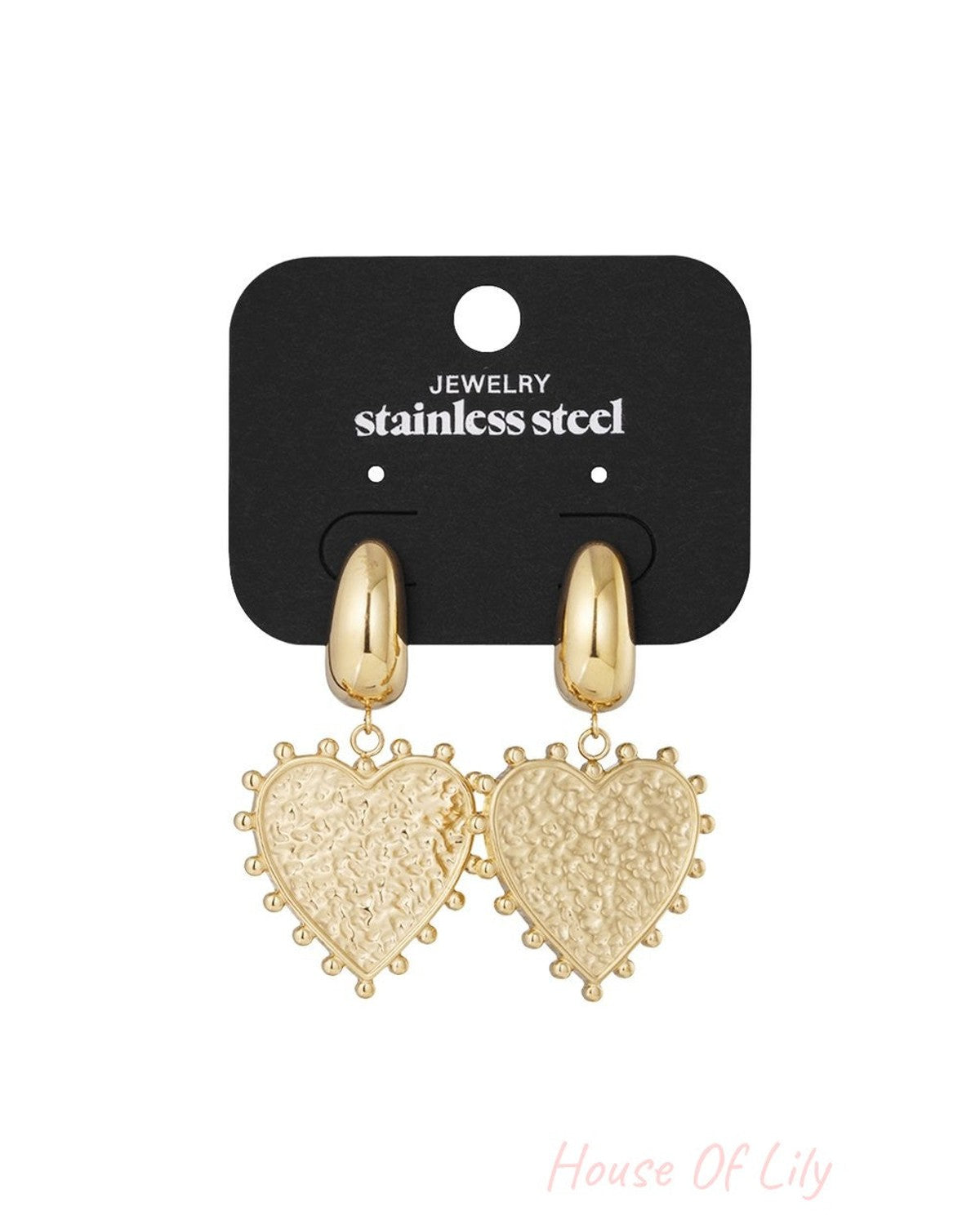 Gold stainless steel Y2K heart drop earrings with a hammered texture and beaded edge on a black jewelry display card.