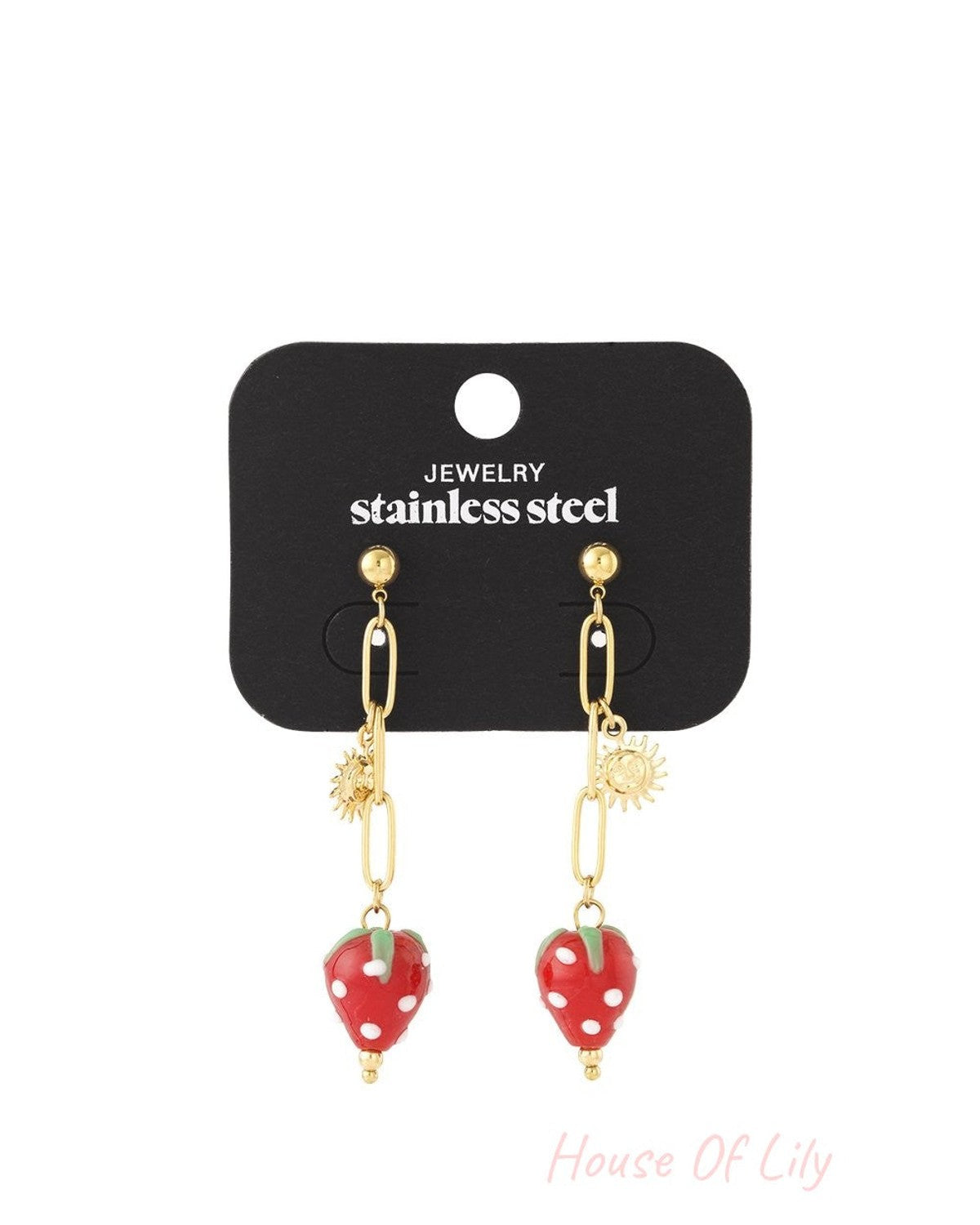 Gold stainless steel drop earrings featuring strawberry charms and small sun pendants on long link chains.