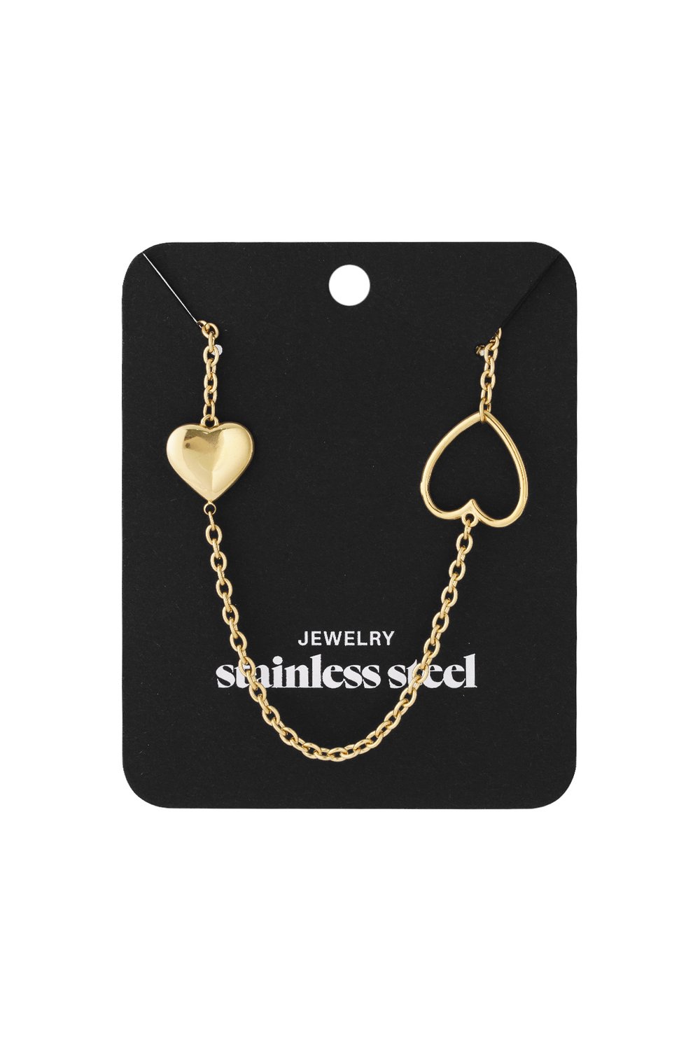 Radiant Heart Link gold-tone stainless steel necklace featuring one solid and one open heart charm on a chain.