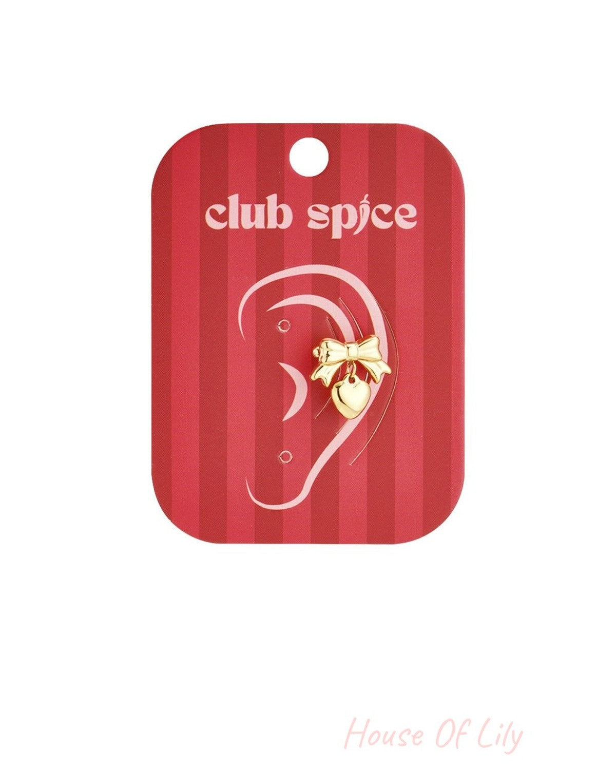 Gold-tone stud earring featuring a dainty bow charm with a dangling heart pendant on a Club Spice display card.