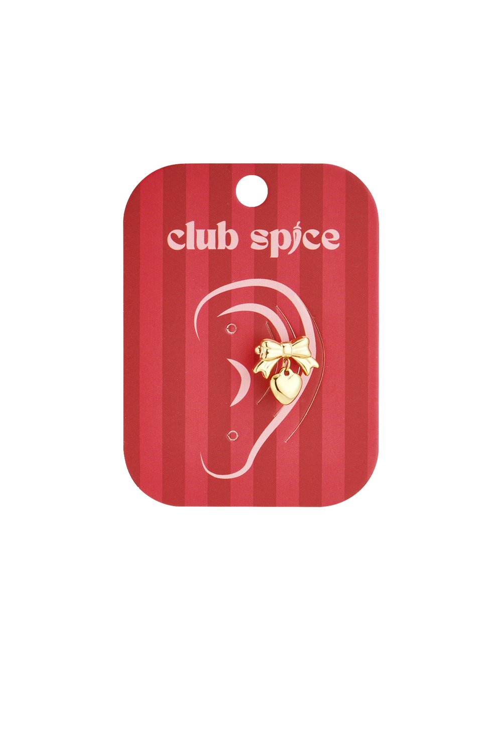 Gold-tone stud earring featuring a dainty bow charm with a dangling heart pendant on a Club Spice display card.