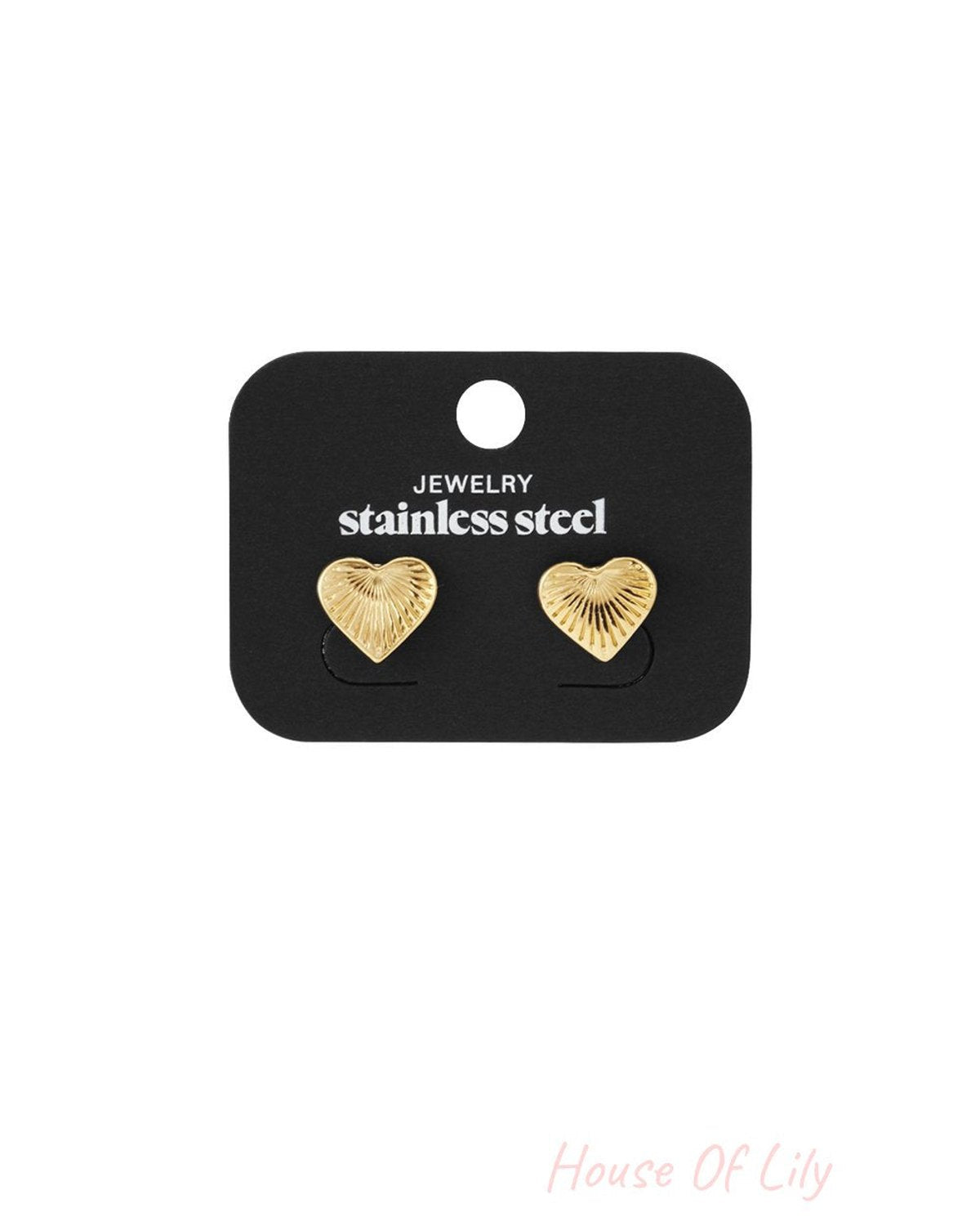 Melted Love stud earrings in gold-tone stainless steel with a textured, sunburst-patterned heart shape.