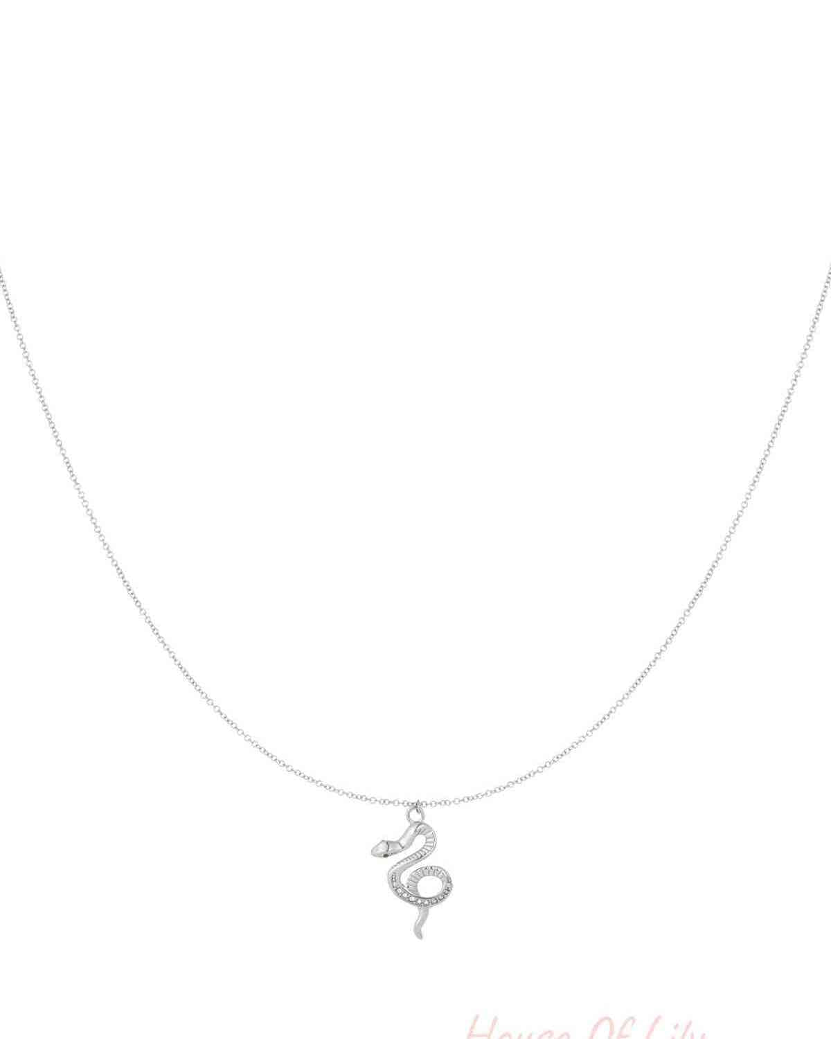 Silver snake pendant necklace on white background