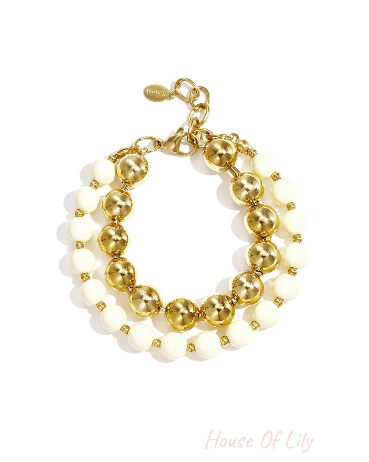 Vibrant Beaded Duo Bracelet featuring two layers of alternating cream and metallic gold spherical beads on a gold chain.