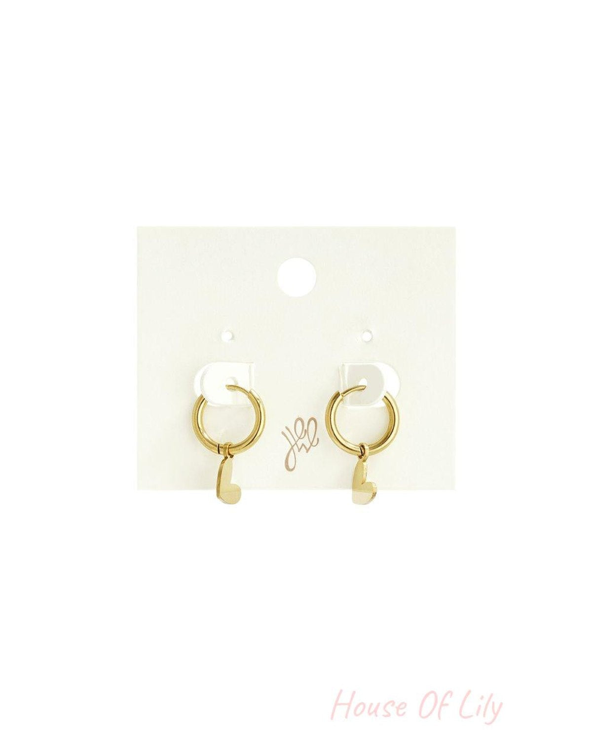 Gold-tone hoop earrings featuring small, minimalist heart-shaped charms, displayed on a white product card.