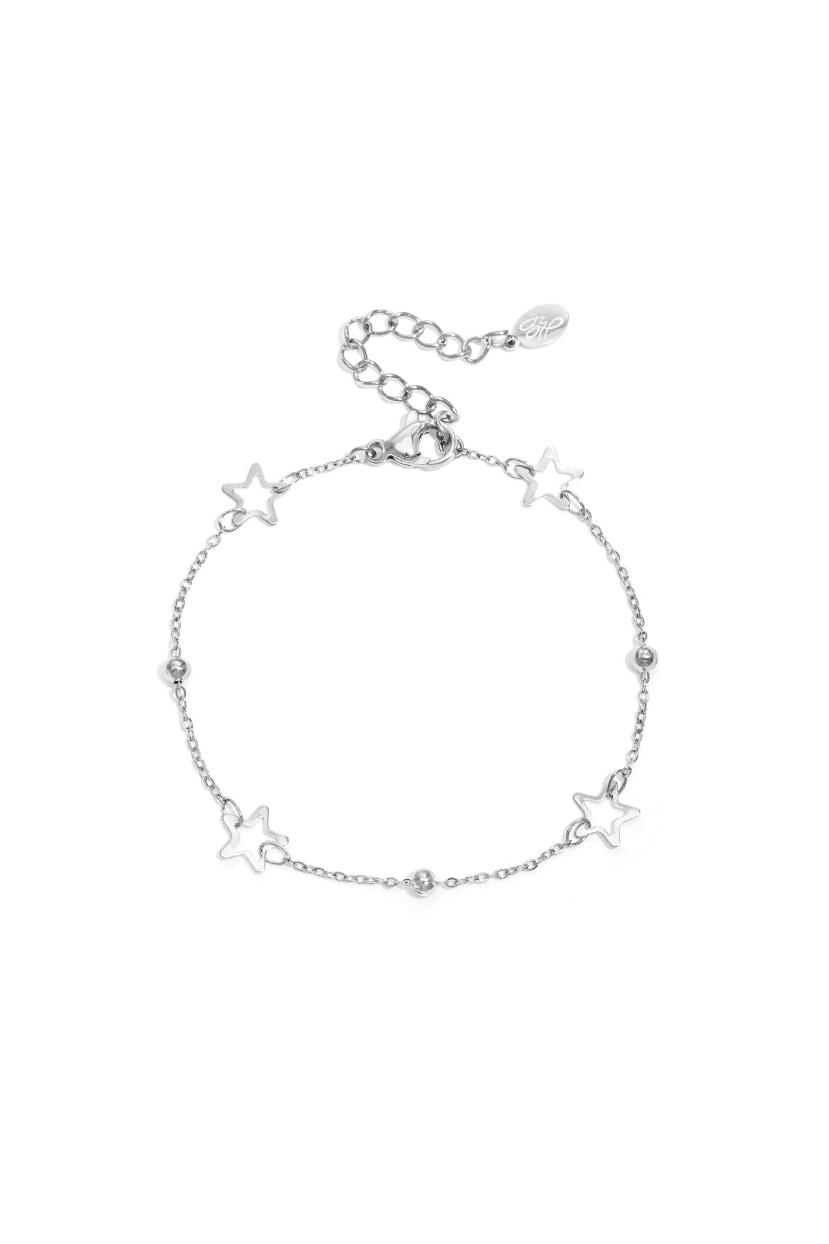 Silver star chain bracelet with hollow star charms and polished beads on white background