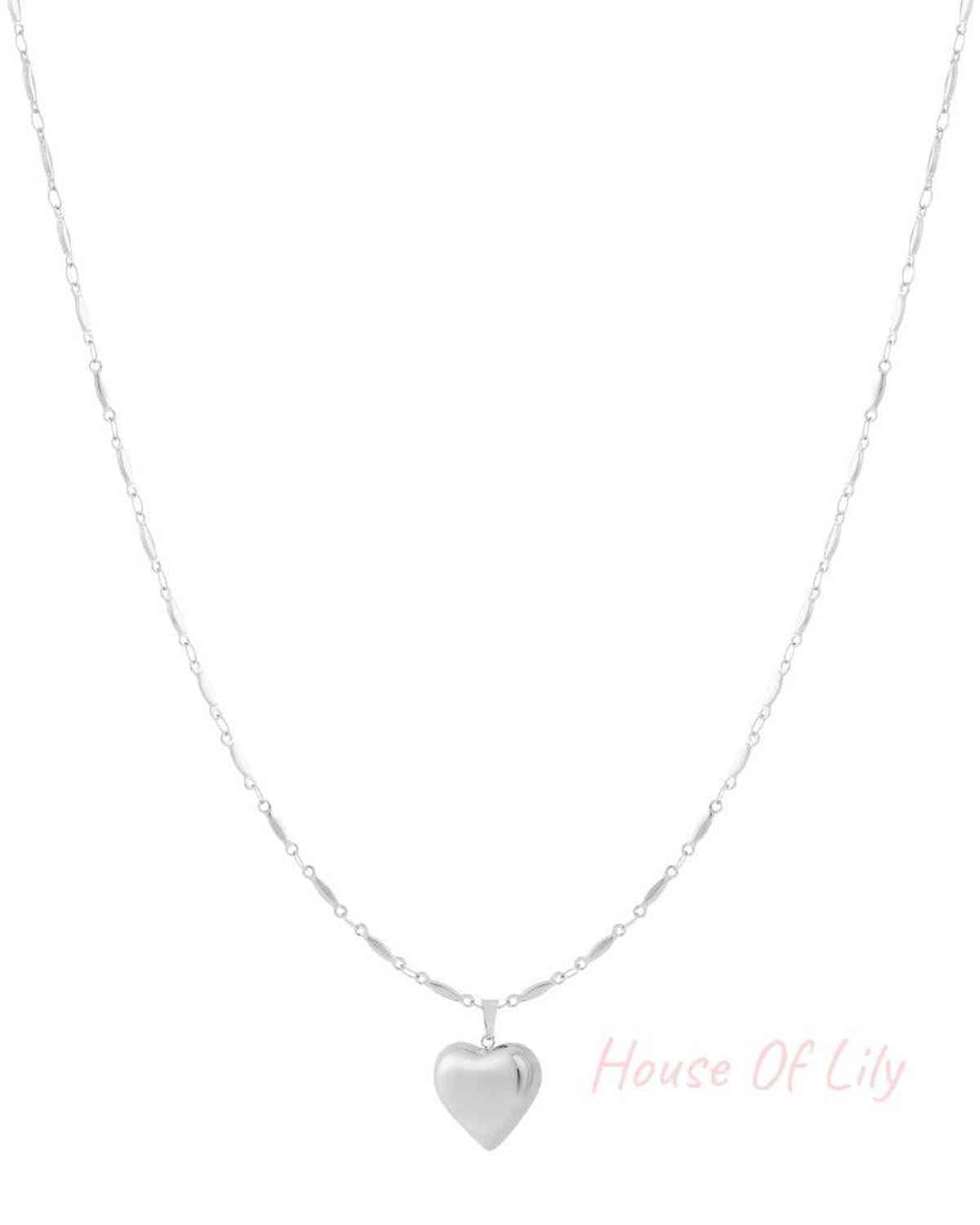 Elegant heart pendant necklace in polished silver featuring a delicate, textured chain with elongated links.