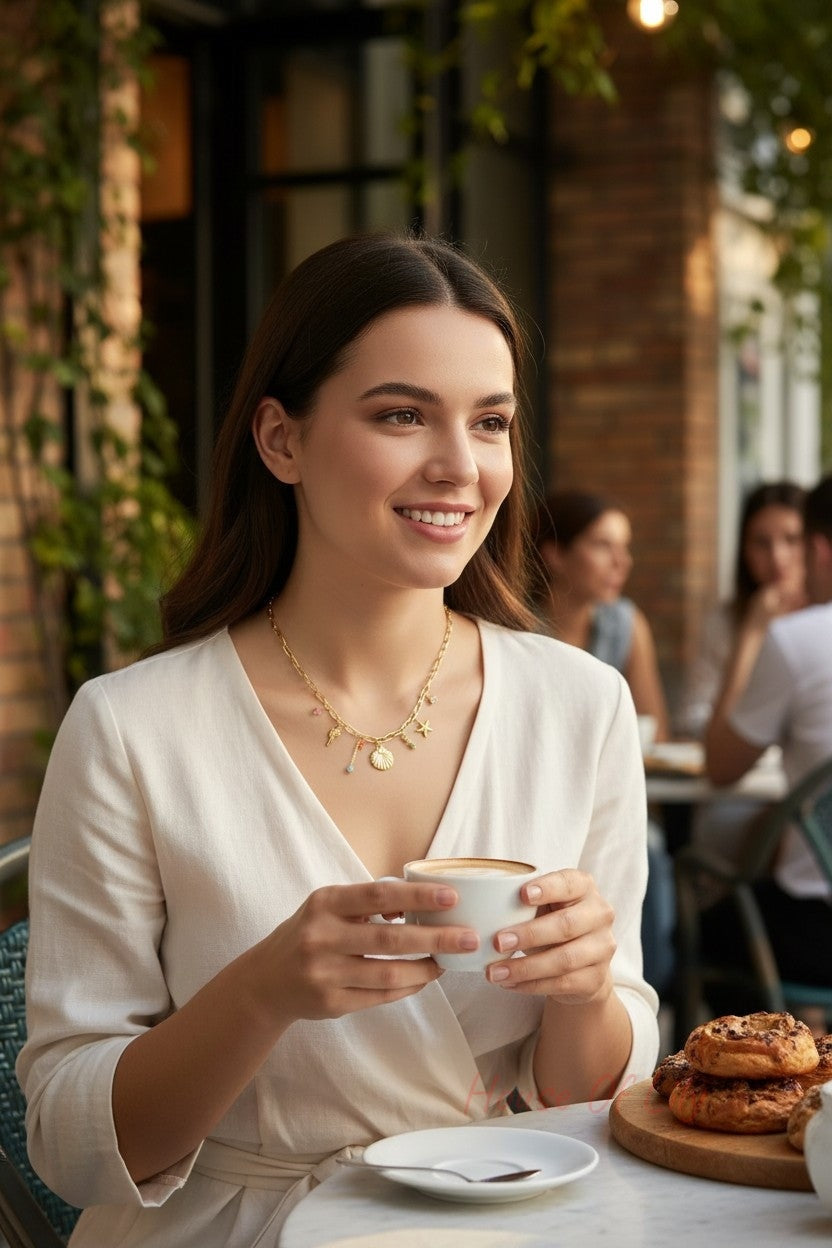 Gold-tone chain necklace with small seaside charms, including a turtle, shell, and starfish, worn by a smiling woman.