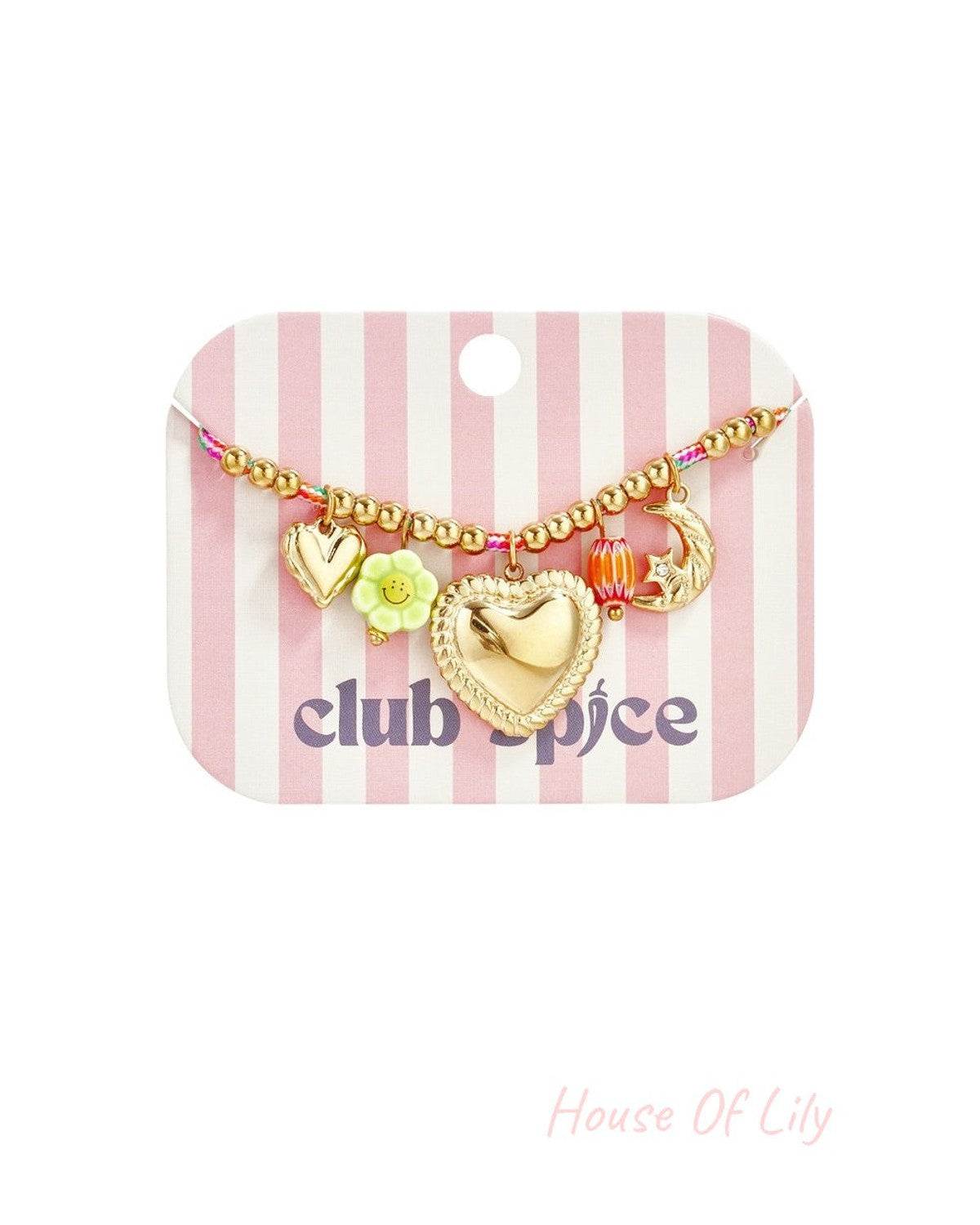 Gold bead bracelet featuring a large heart charm, small smiley flower, moon, and colorful accents on striped display.