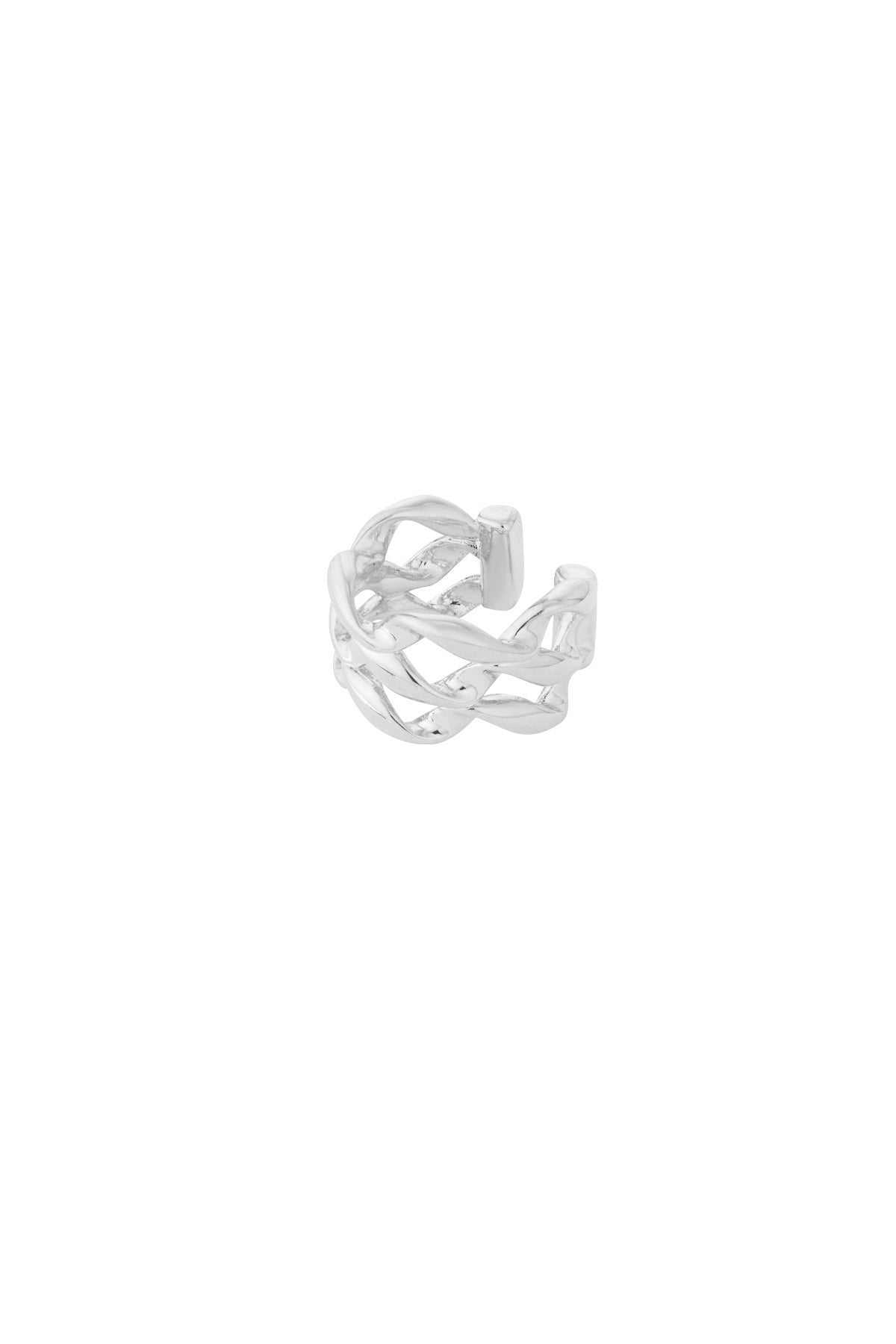 Close-up image of a shiny silver twisted chain ear cuff with an open adjustable design on a white background