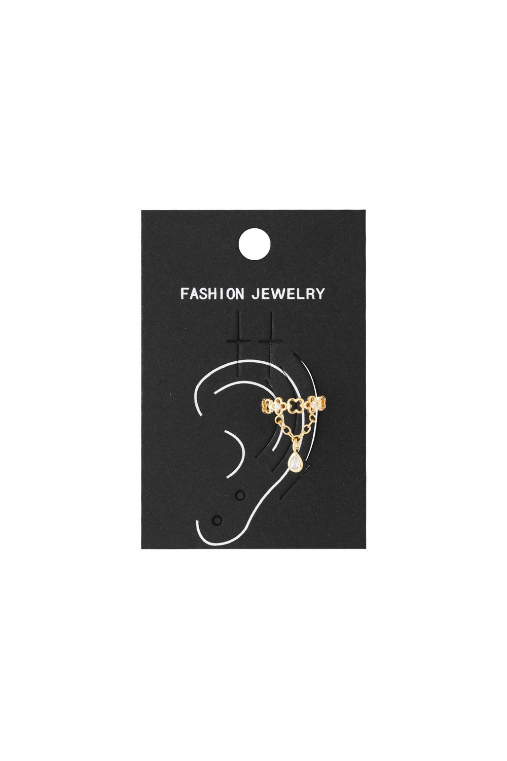 Gold Zesty geometric ear cuff with clover-shaped links, delicate chain, and a dangling pear-cut crystal pendant.