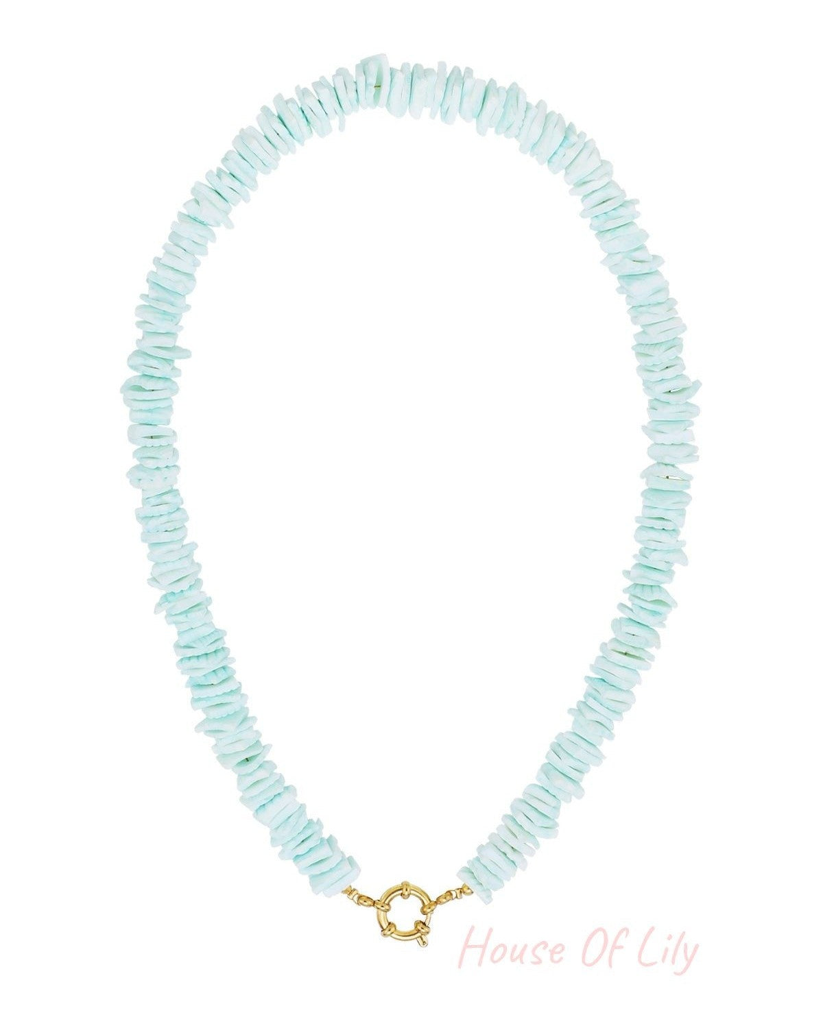 Mint green shell choker necklace with gold clasp against white background
