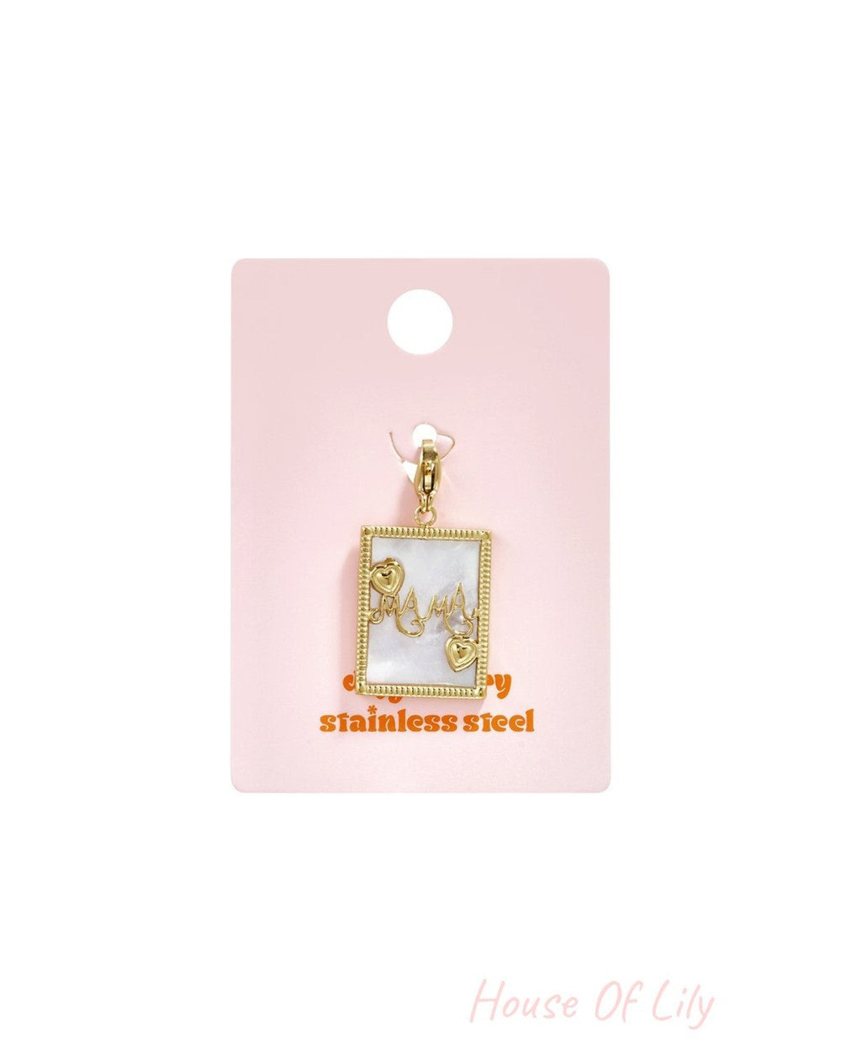 Gold-toned stainless steel rectangular charm featuring a white pearl-like inlay and delicate heart accents.