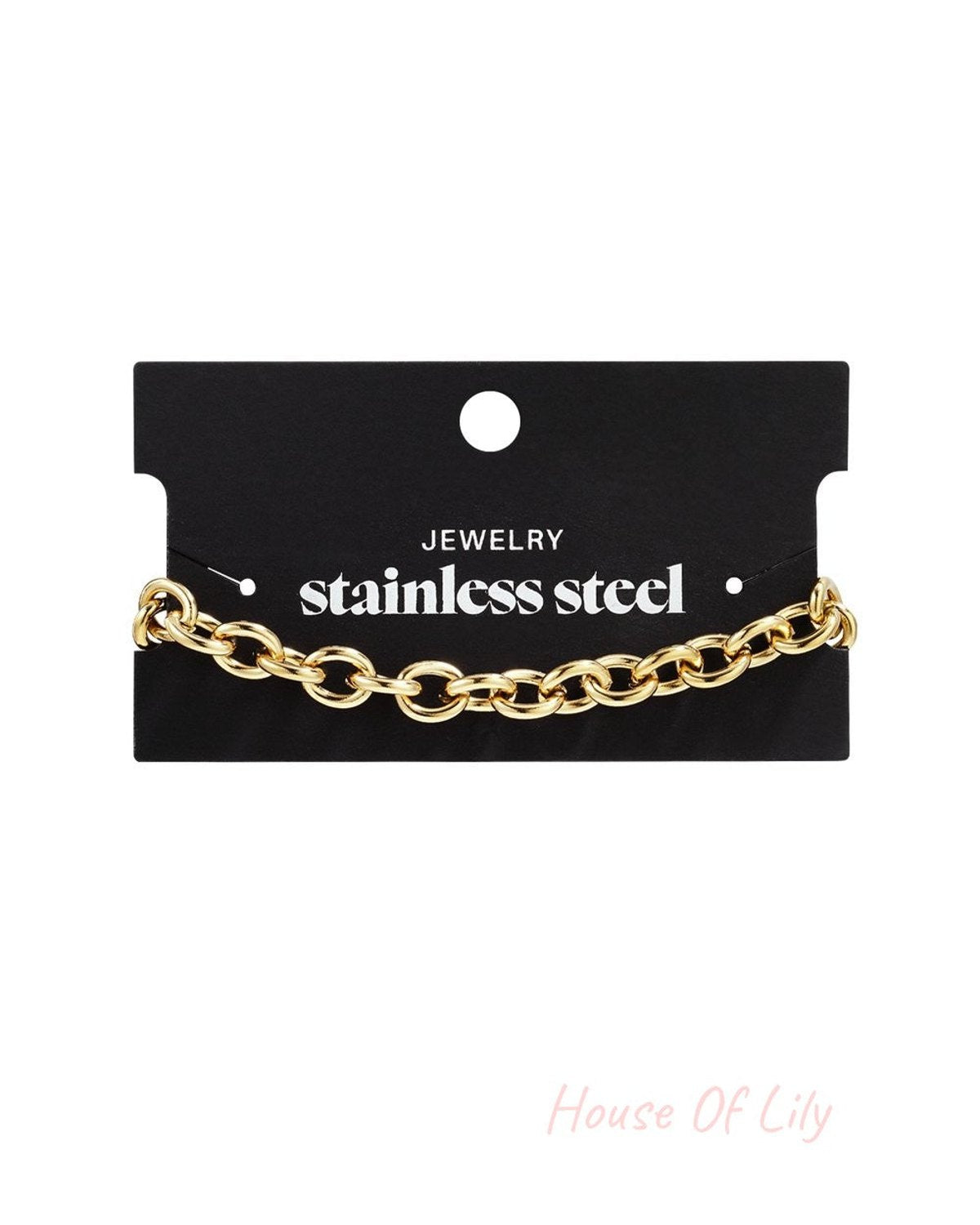 Gold-tone stainless steel bold link chain bracelet on a black display card.