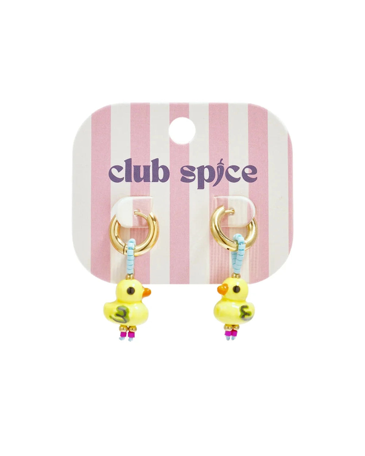 Gold hoop earrings featuring yellow duck charms with blue beaded accents on a striped card.