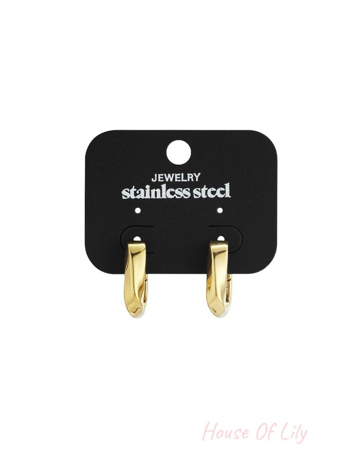 Gold-toned stainless steel rectangular hoop earrings on a black display card.