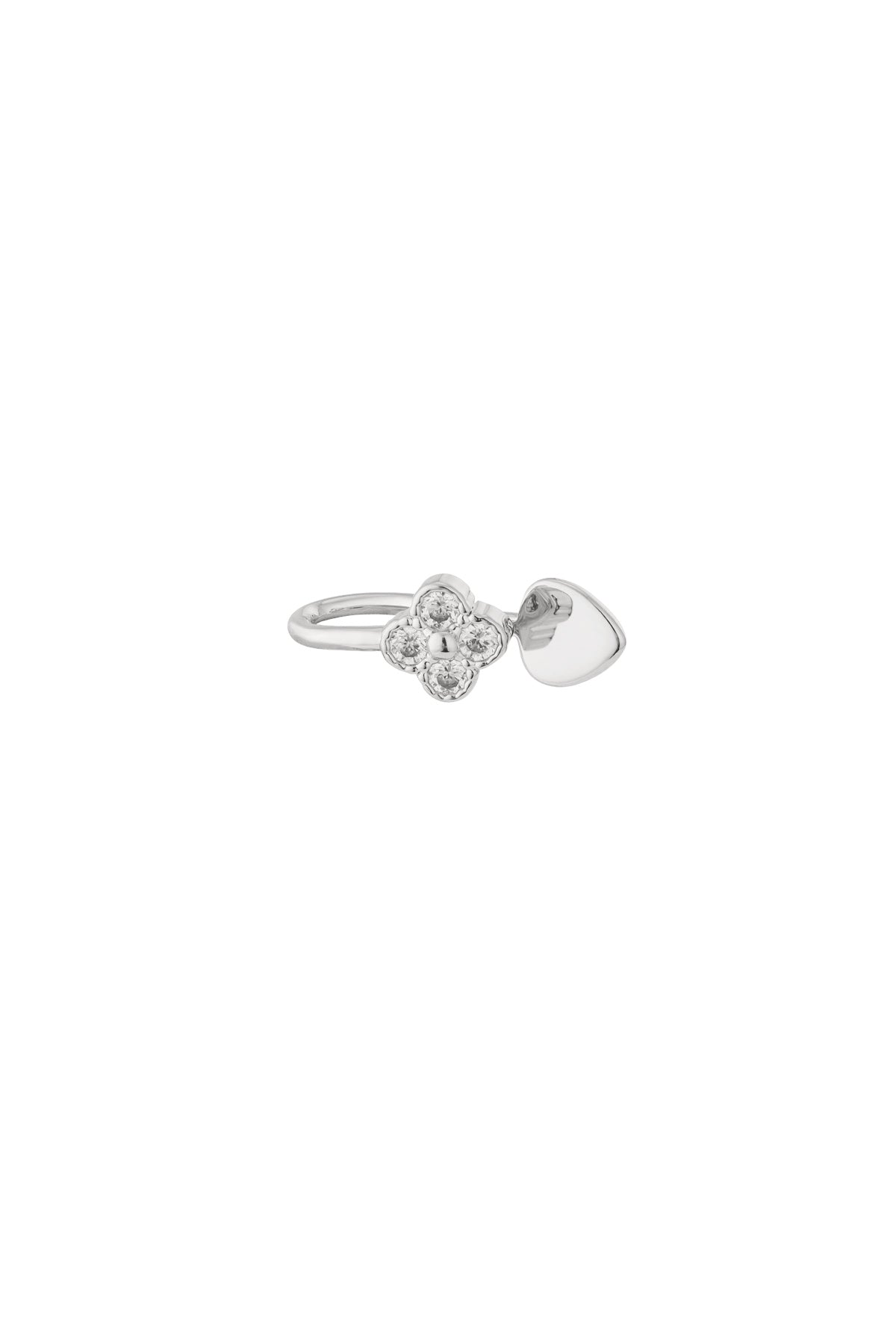 Silver tone nose cuff with zircon clover cluster and smooth heart accent isolated on white background
