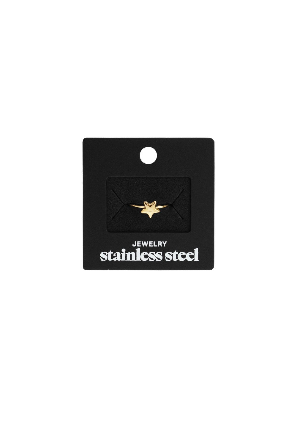 Gold stainless steel ring featuring a small, minimalist star charm on a black display card.