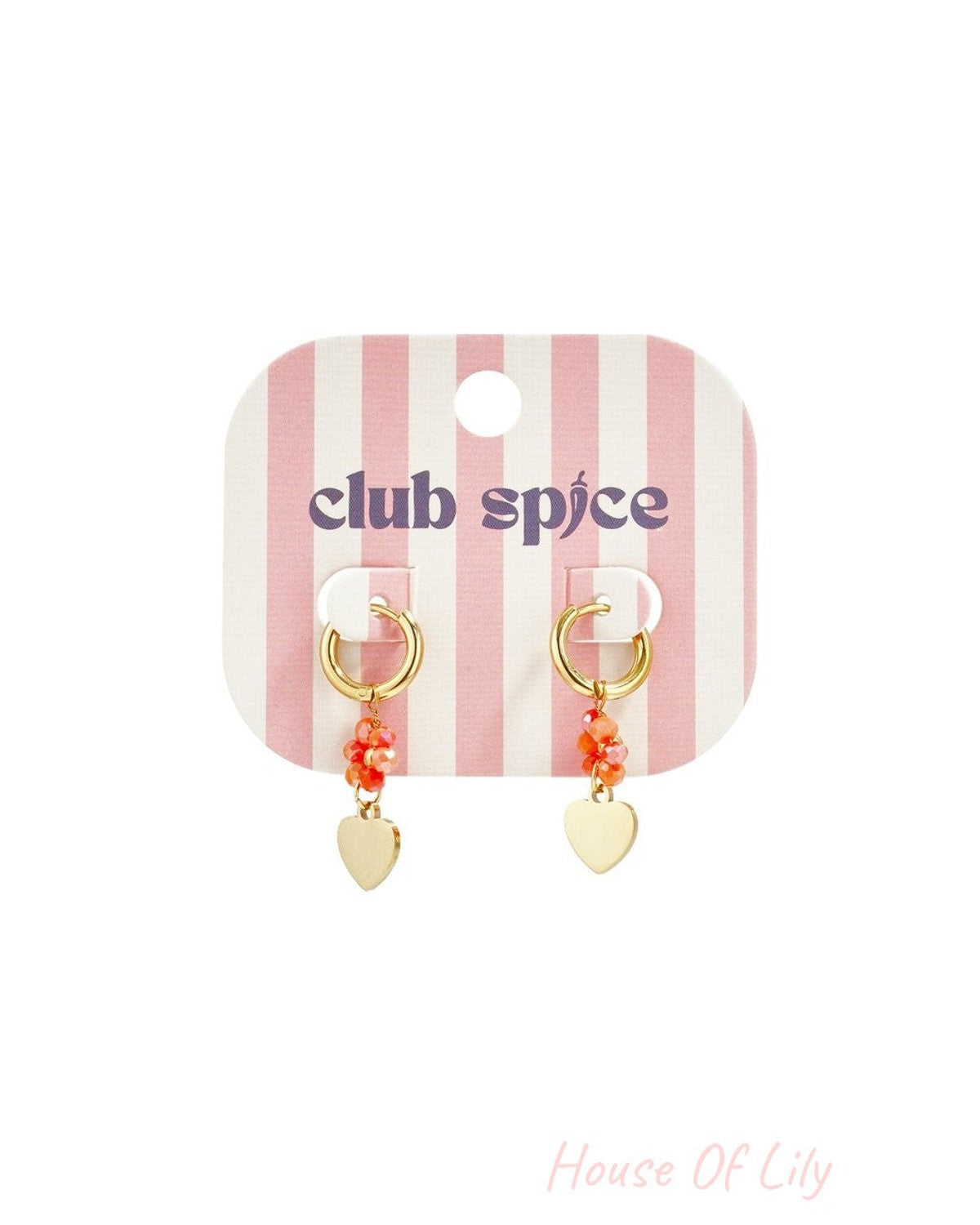 Gold hoop earrings featuring red beaded clusters and small gold heart charms on a striped Club Spice display card.