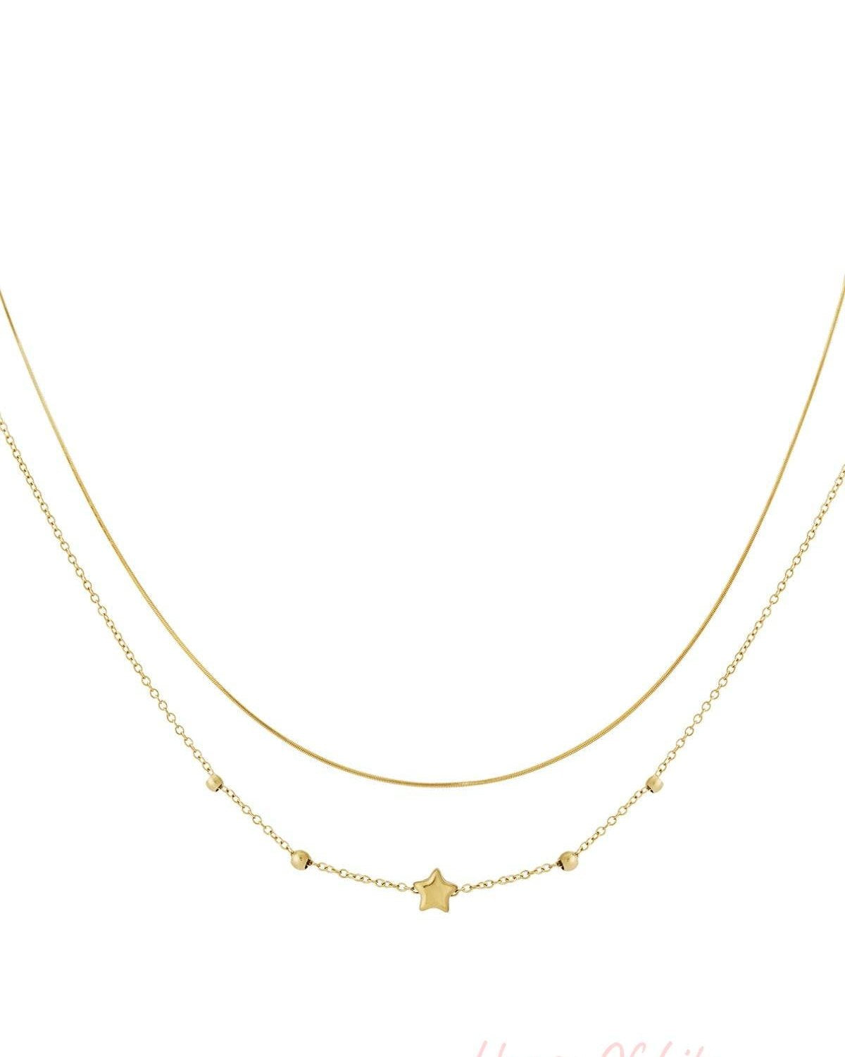 Gold toned double layered necklace with one chain smooth and one chain with small star and round beads detail