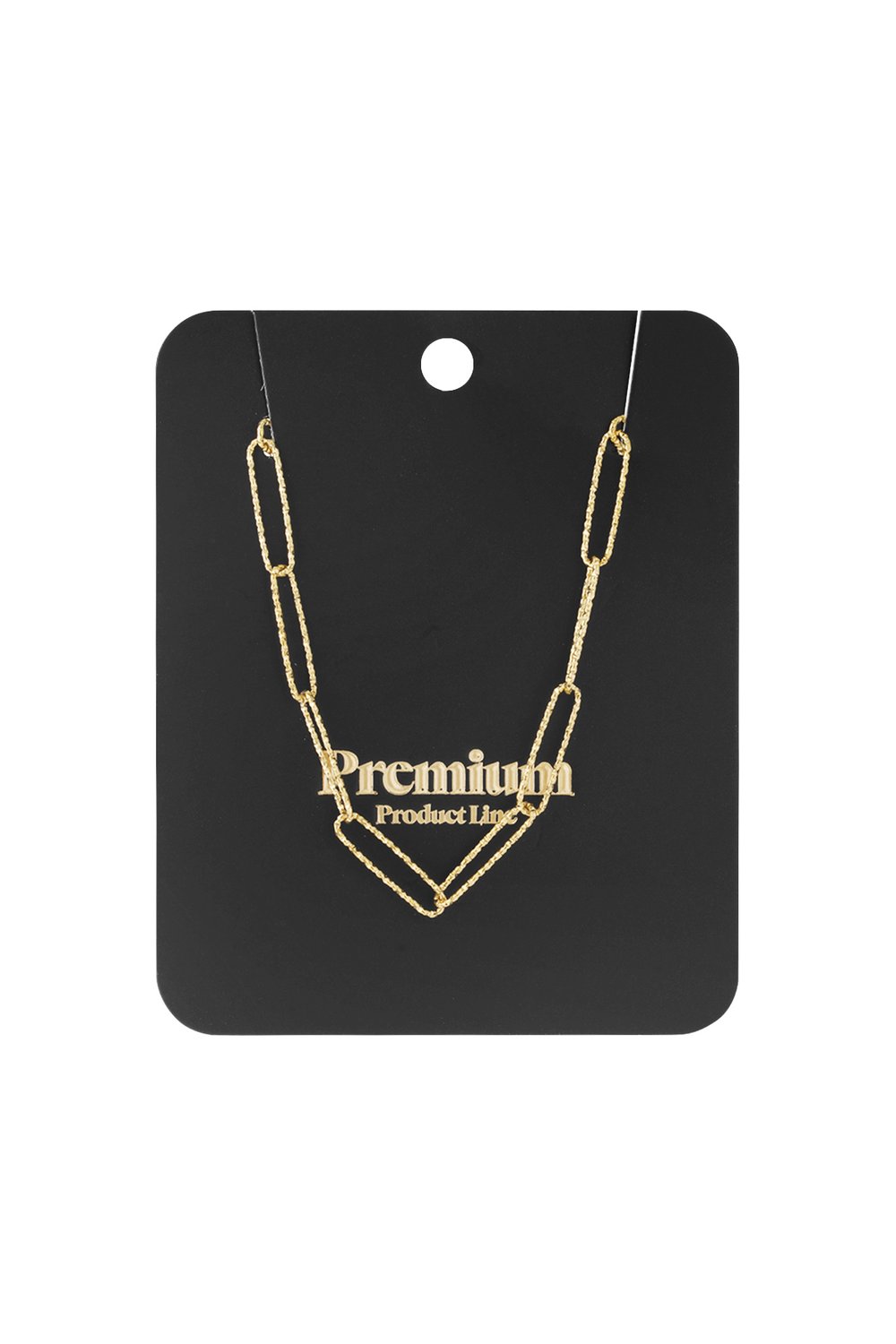 Gold-tone paperclip chain necklace with a textured, elongated link design displayed on a black card.