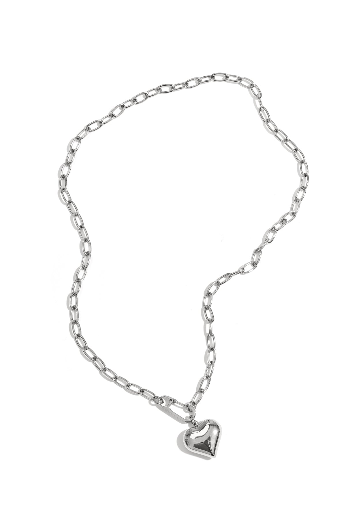 Silver chunky chain necklace with puff heart pendant displayed flat on white background