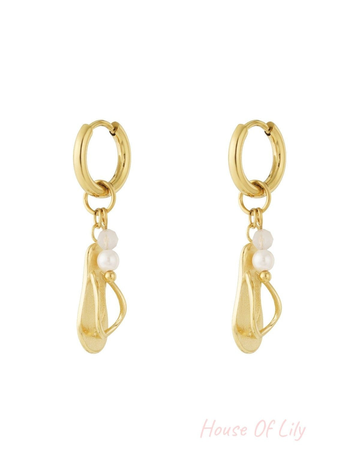Another pair of gold flip flop dangle earrings with pearl and pastel bead accents on white background