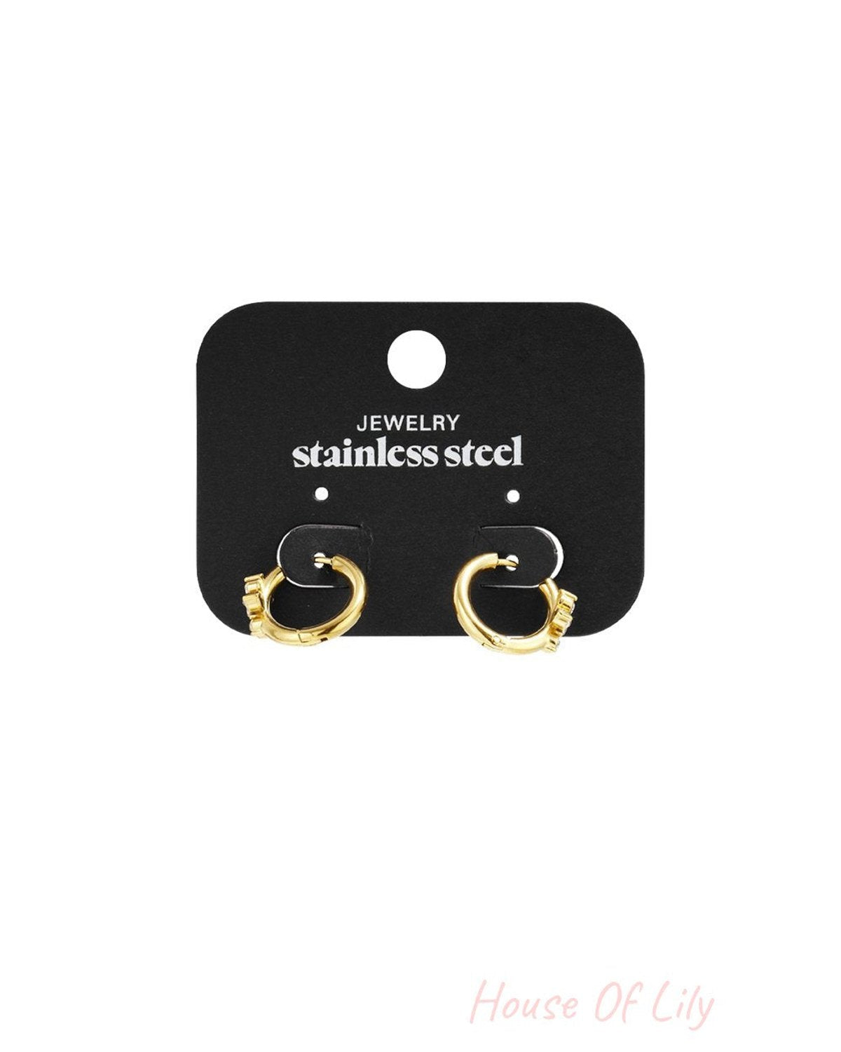 Golden Garden Drip: Small gold-tone stainless steel hoop earrings featuring subtle textured or floral-inspired detailing.