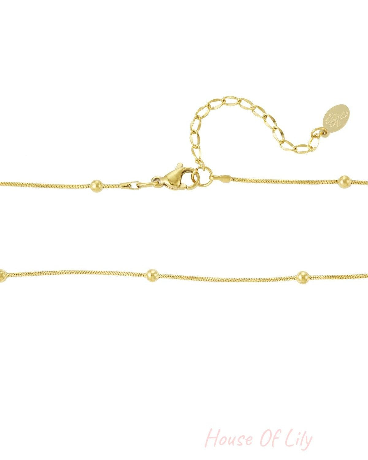Detailed view of the gold necklace clasp with an adjustable extension chain and signature brand tag