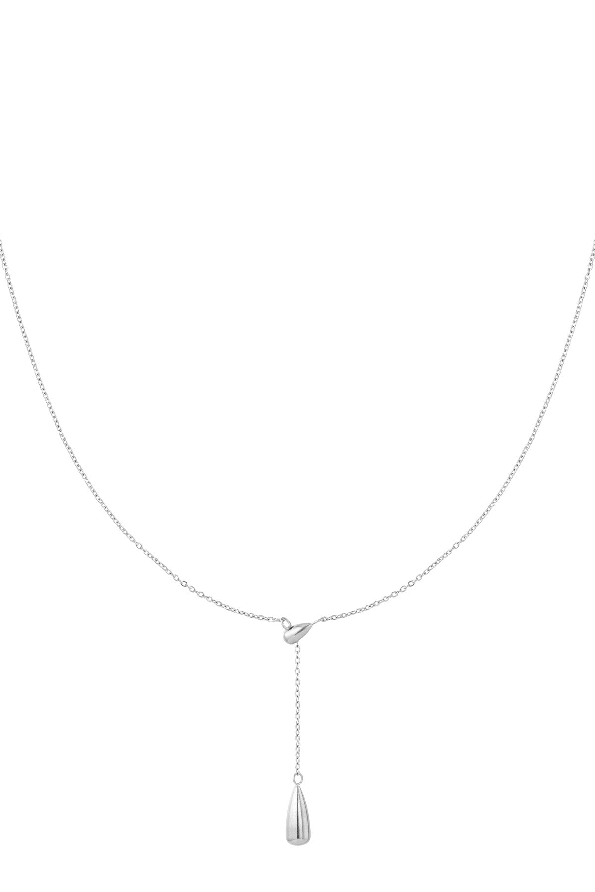 Minimalist silver drop charm necklace with fine chain against white background