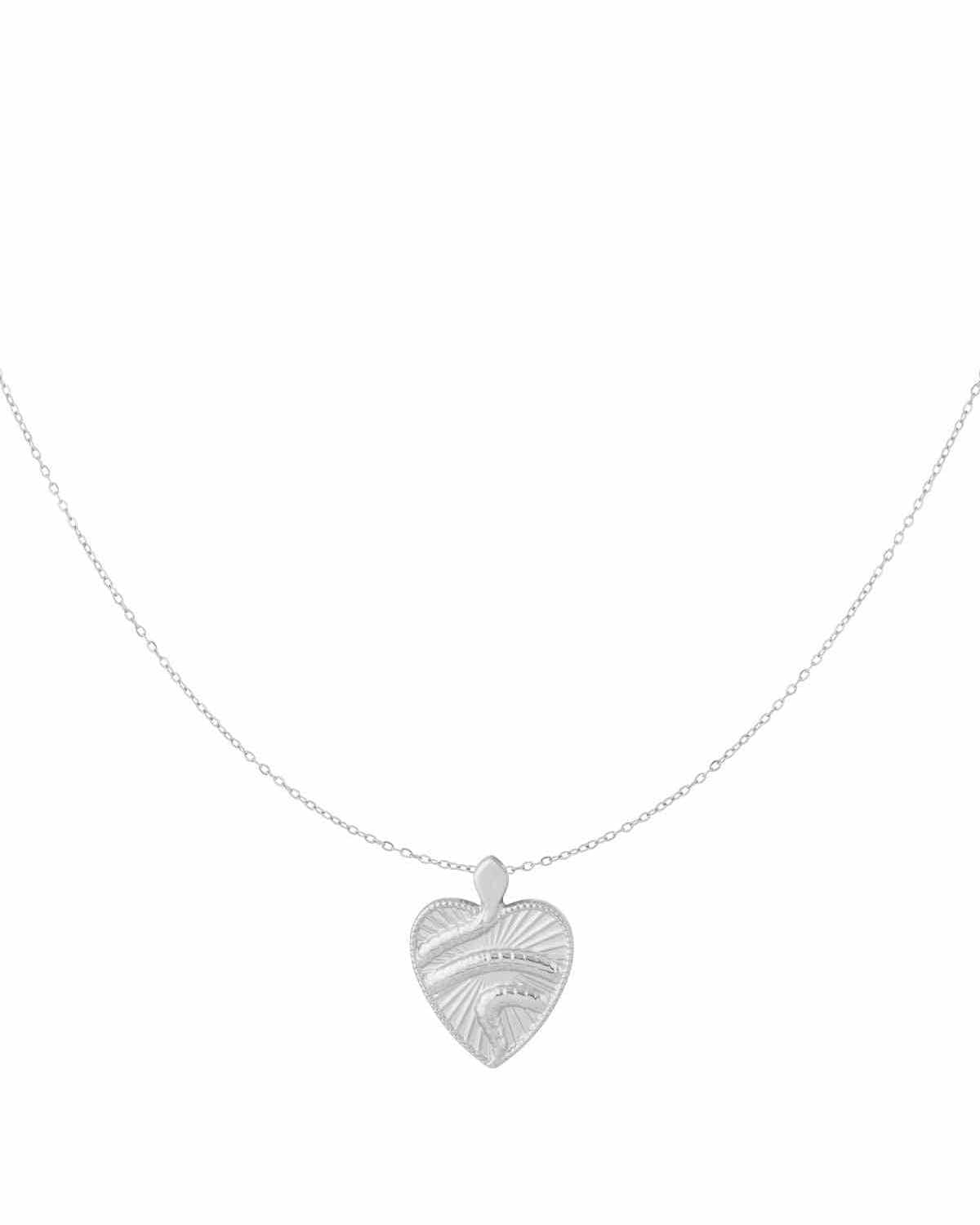 Silver textured heart pendant necklace on white background highlighting its fine chain and detailed heart shape