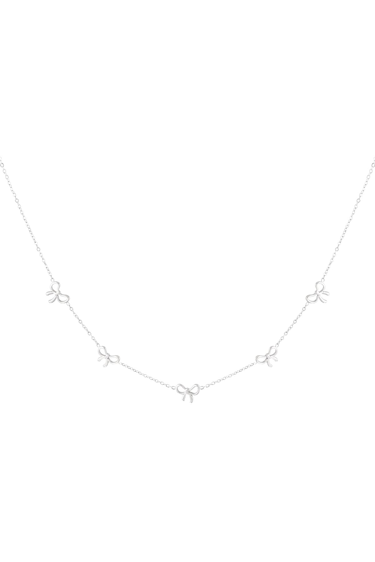 Silver-tone delicate chain necklace with five small bow charms evenly spaced on white background