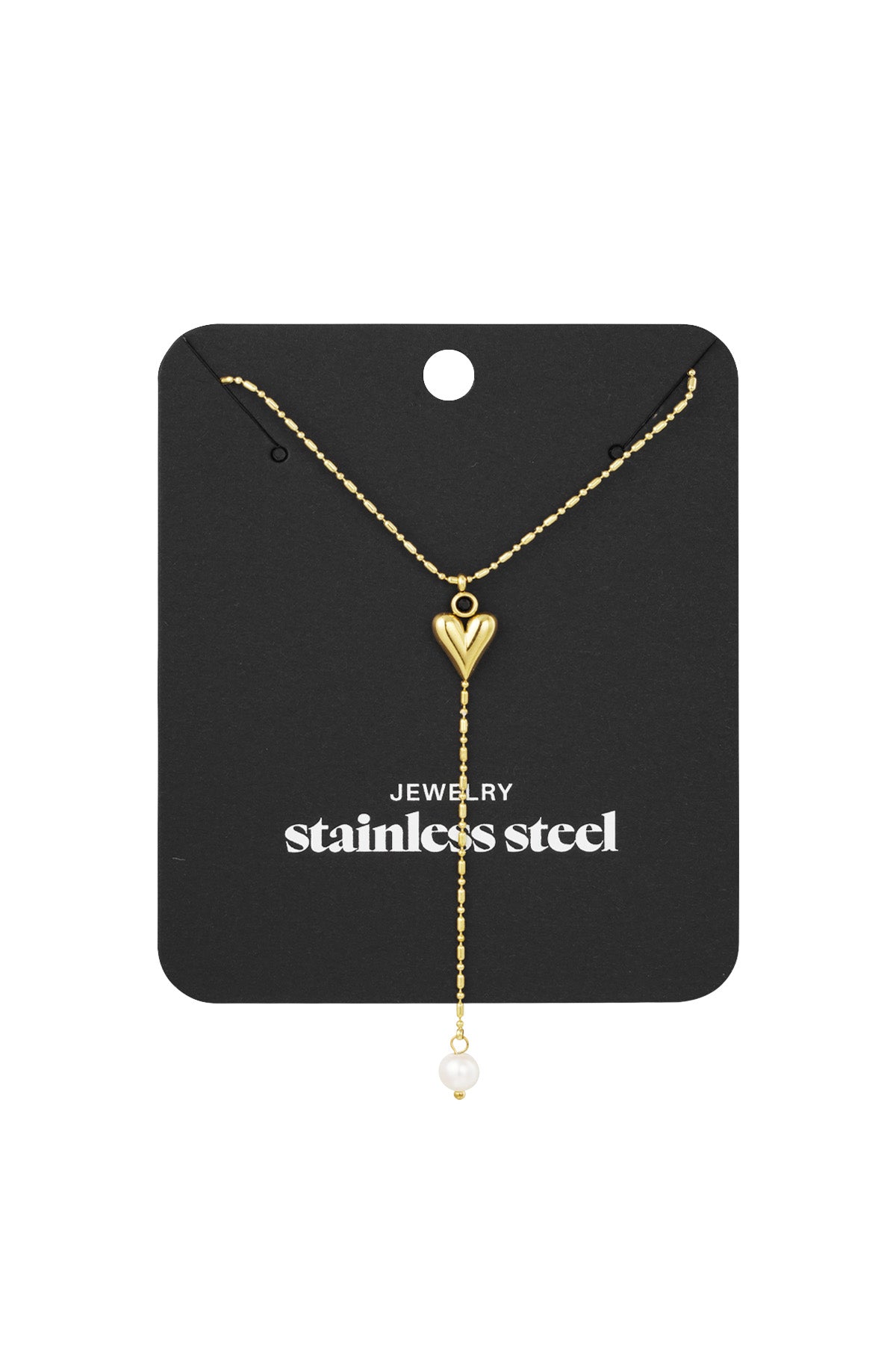 Jewellery display card showing gold-tone heart pendant necklace with pearl drop and stainless steel label