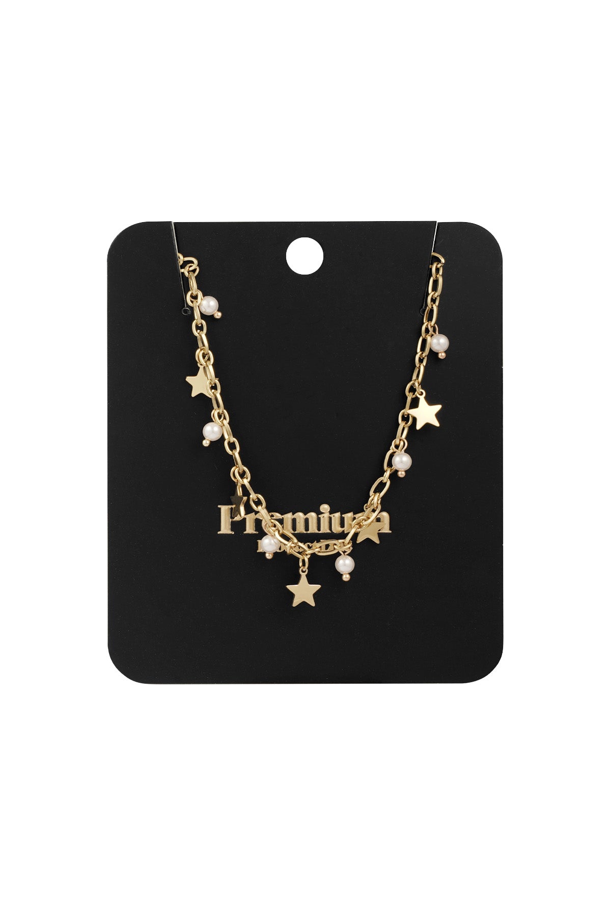 Gold-tone star and pearl charm necklace displayed on a black retail card backing