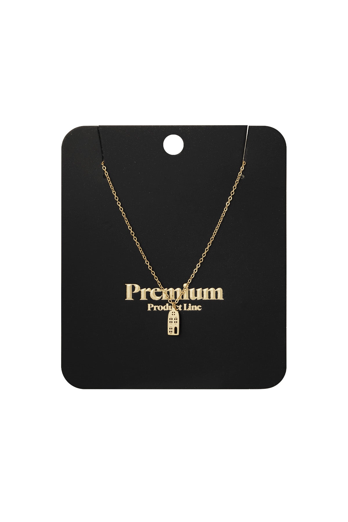 Gold cityscape pendant necklace displayed on a black Premium Product Line card