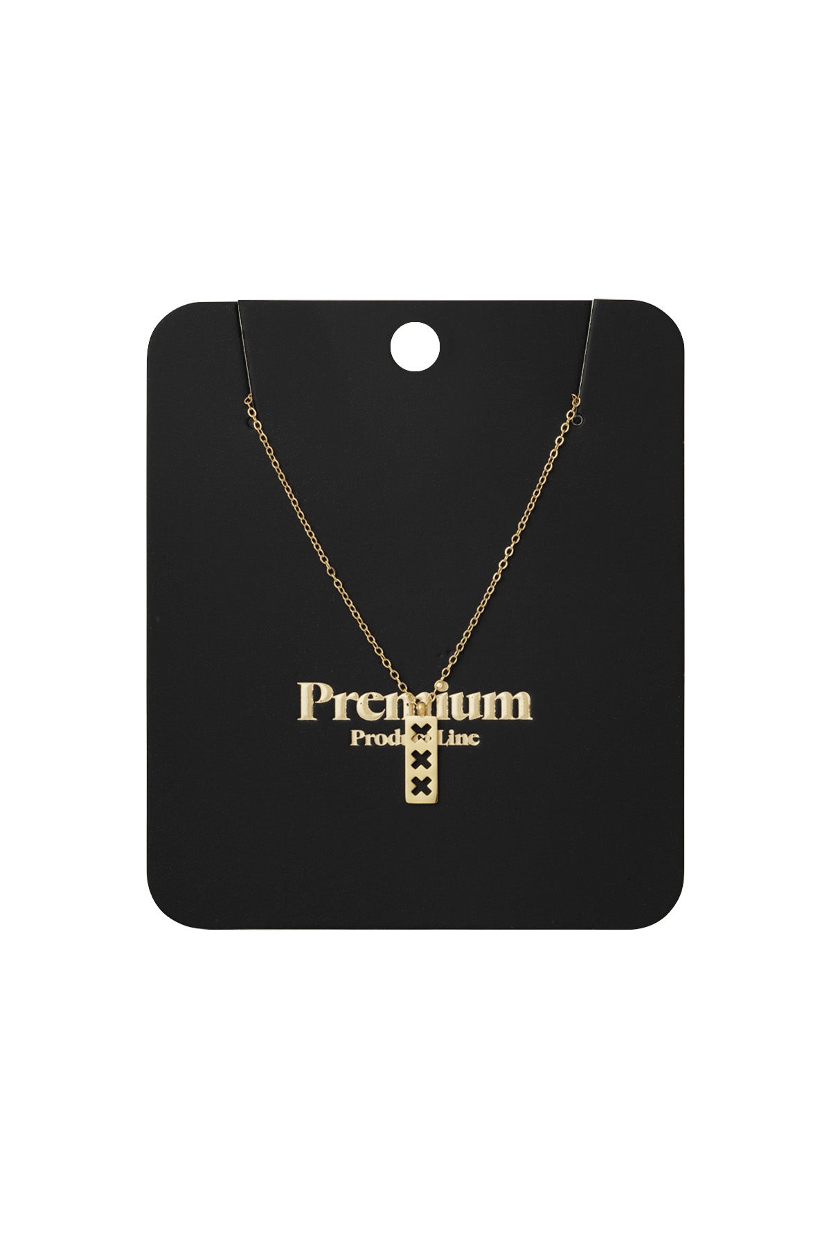 Gold triple X pendant necklace displayed on black Premium Product Line card packaging with chain arranged neatly.