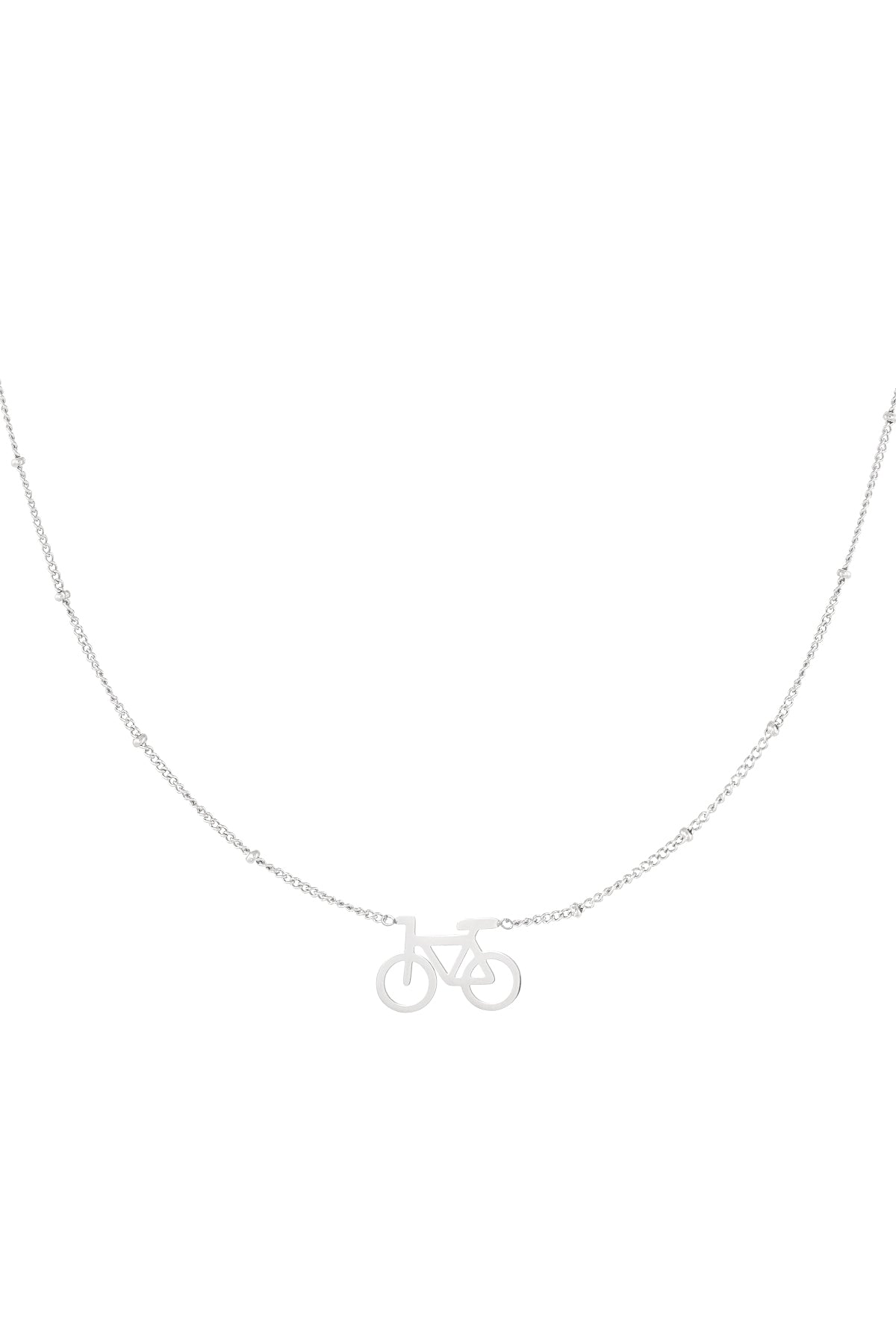 Silver cycle chic pendant necklace with delicate beaded chain on white background