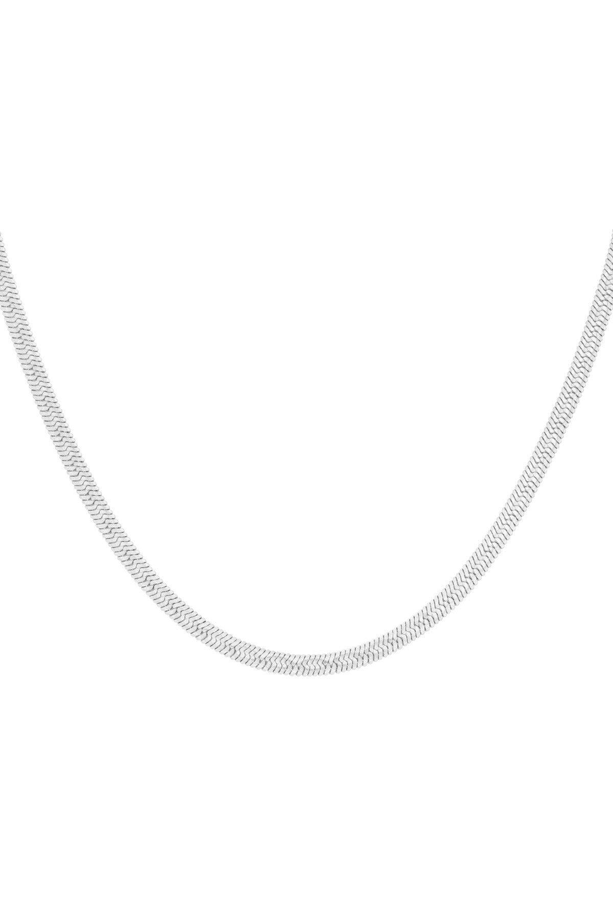 Close-up of a silver herringbone chain necklace on white background