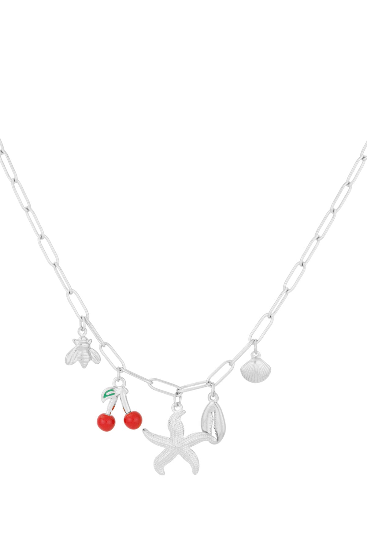 Silver charm necklace with bee, cherry, starfish, cowrie shell, and seashell pendants on a paperclip chain