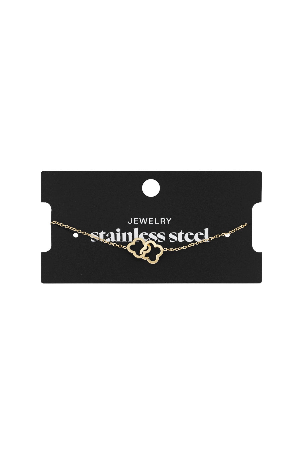 Gold linked clover bracelet displayed on a black card labelled 'stainless steel jewelry'